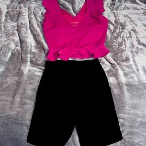 Comfy pink workout set! Peplum padded workout top/bra with black biker shorts